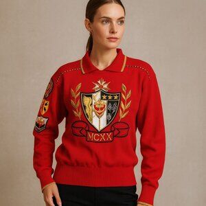Vintage 80s 90s Red Crest Sweater with Gold Details Retro Streetwear Medium Top